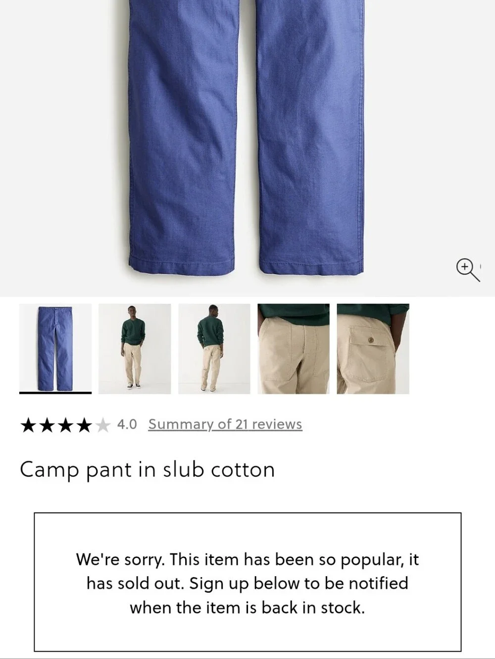 Wallace & Barnes X J. Crew Mens Military Camp Slub Pants 36/32 Blue NWT $98